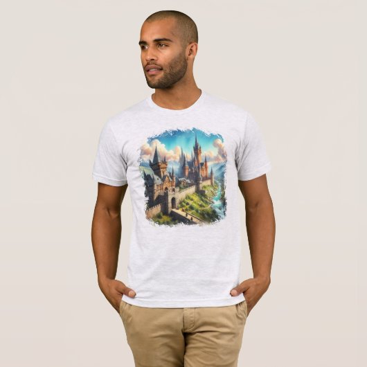 Middeleeuws kasteel in een bergvallei landschap t-shirt (Voorkant volledig)