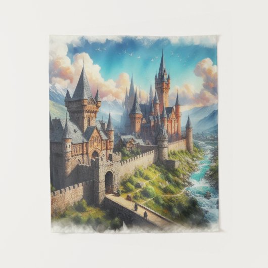 Middeleeuws kasteel in een bergvallei landschap wandkleed (Voorkant)