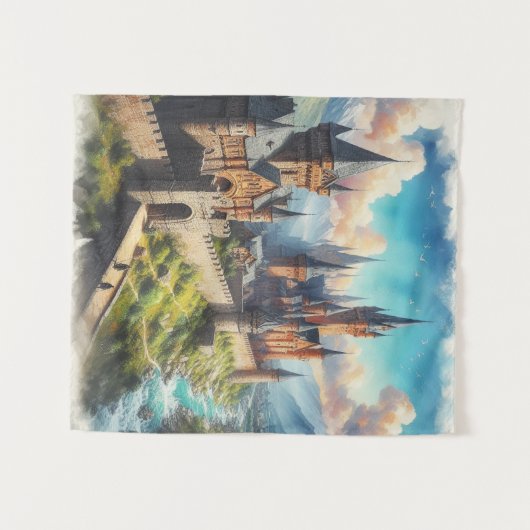 Middeleeuws kasteel in een bergvallei landschap wandkleed (Voorkant (horizontaal))