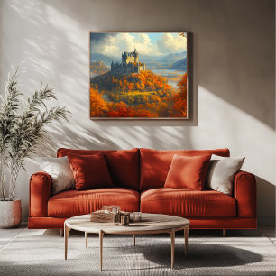 Middeleeuws kasteel op een heuvel canvas afdruk
