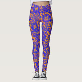 Middeleeuws Uniek Bloemen Ornament Kobalt Blauw Si Leggings