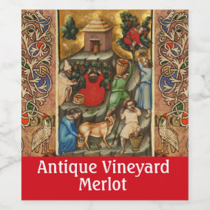 MIDDELEEUWSE DRUIVEN WIJNGAARD OOGST Antique Druiv Wijn Etiket