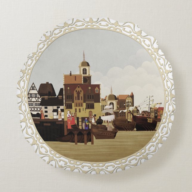 Middeleeuwse haven rond kussen (Voorkant)