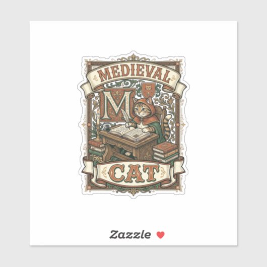 Middeleeuwse Kat Kat Middeleeuwse Manuscripten Vin Sticker (Vel)
