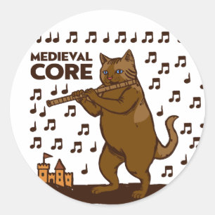 Middeleeuwse Kern Moppige Kat die Fluit Speelt Kun Ronde Sticker
