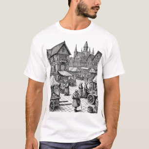 Middeleeuwse Marktplaats Hand-Drawn Sketch T-shirt