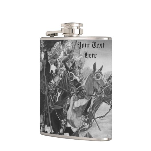 middeleeuwse messenmakrelen die op paarden rusten heupfles (Links)