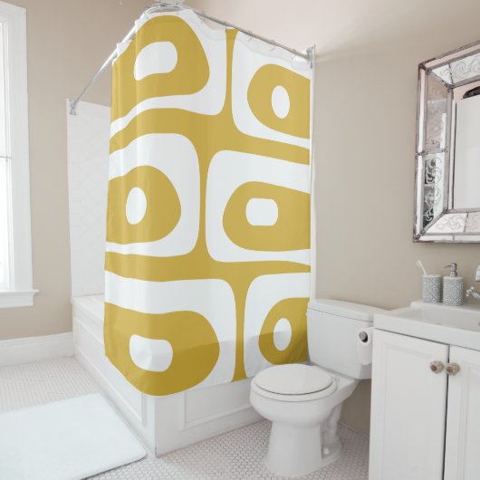 Middeleeuwse, moderne, Abstracte mosterd en wit Douchegordijn (In situ)