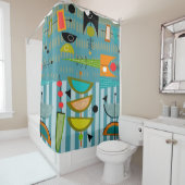 Middeleeuwse moderne Abstracte vormen blauw Douchegordijn (In situ)