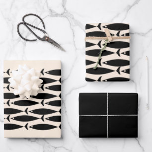 Middeleeuwse moderne Retro Fish Black en Ammondakr Inpakpapier Vel