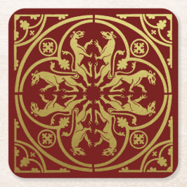 Middeleeuwse Renaissance Herald Lion Leopard Metal Vierkante Kartonnen Onderzetter