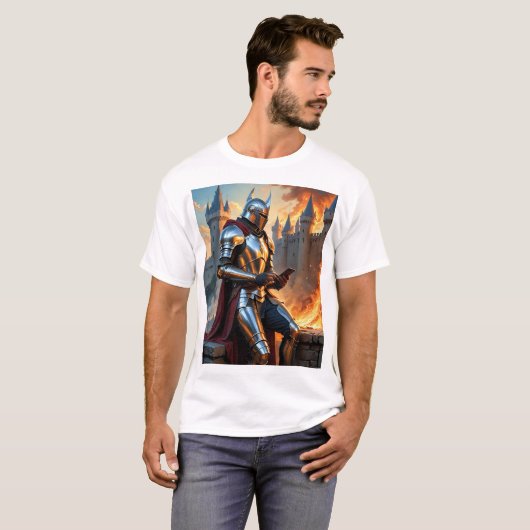 Middeleeuwse Ridder Castle Fire Funny Fantasy Art T-shirt (Voorkant volledig)