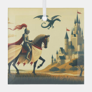 Middeleeuwse ridder/draak/kasteel fantasie glas ornament