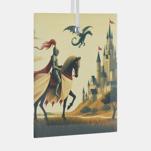 Middeleeuwse ridder/draak/kasteel fantasie glas ornament (Voorkant Rechts)