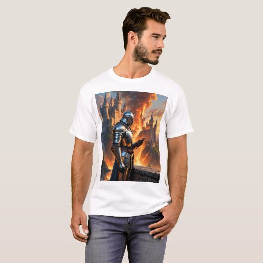 Middeleeuwse Ridder Funny Castle Fire Fantasy Art  T-shirt (Voorkant volledig)