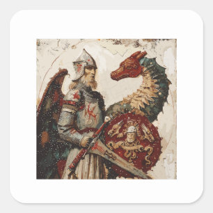 Middeleeuwse ridder met een draak vierkante sticker