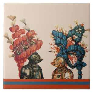 MIDDELEEUWSE RIDDERHELMEN MET RODE VEREN DRAKEN TEGELTJE