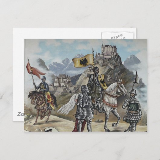 Middeleeuwse ridders paarden leeuwen kasteel parti briefkaart (Voorkant / Achterkant)