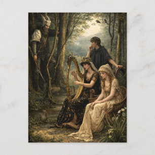 Middeleeuwse Sprookjeskoningin in het Bos met Harp Briefkaart