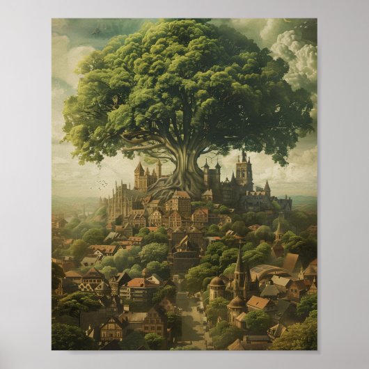 Middeleeuwse stad met reuzenboom poster (Voorkant)