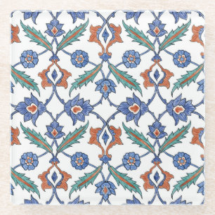 Middeleeuwse Turkse Tegels: Bloemen Ornament. Glazen Onderzetter