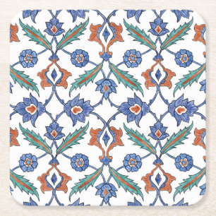 Middeleeuwse Turkse Tegels: Bloemen Ornament. Vierkante Kartonnen Onderzetter
