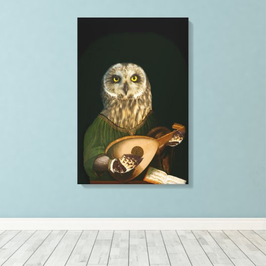 Middeleeuwse Uil Speelt de luit - Antropomorfe Kun Canvas Afdruk (Insitu (Houten vloer))