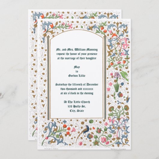 Middeleeuwse Verluchte Vogels & Bloemen Bruiloft Kaart (Voorkant / Achterkant)