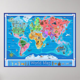Middelgrote Kinderen geïllustreerde Wereldkaart - Poster