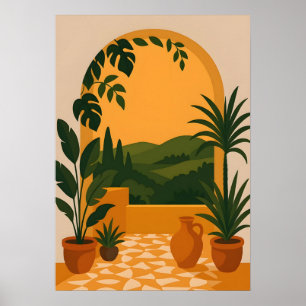 Middelhav tuin met bogen muurkunst zicht poster