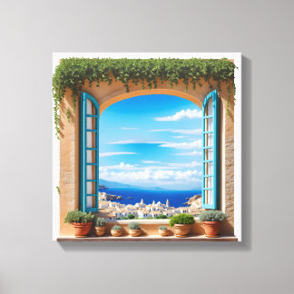 Middelhavenuitzicht raam | Egeïsche eilandenstad Canvas Afdruk