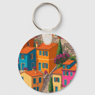 Middellandse Straat — Kleurrijke Huizen Patroon Sleutelhanger