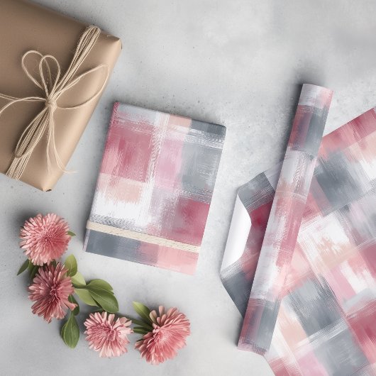 Middelmatig Abstract Gingham Roze en Grijs Cadeaupapier
