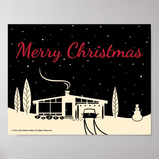 Midden-Century Merry Kerstmis Snowscene-Black Poster (Voorkant)
