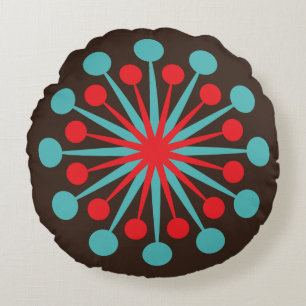 Midden-Century Starburst Red en Turquoise Rond Kussen