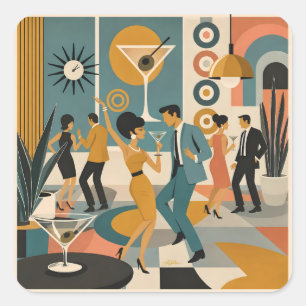 Midden Eeuw 60-er Jaren Hip Martini Cocktail Dansf Vierkante Sticker