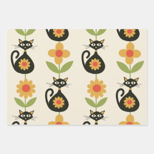 Midden eeuw atomaire katten met retro oranje bloem inpakpapier vel