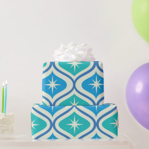 Midden eeuw atomaire stervlagen op blauwe ogee cadeaupapier