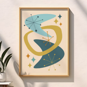 Midden eeuw Atomaire Tijdperk 7 Blauw, Mosterd Poster
