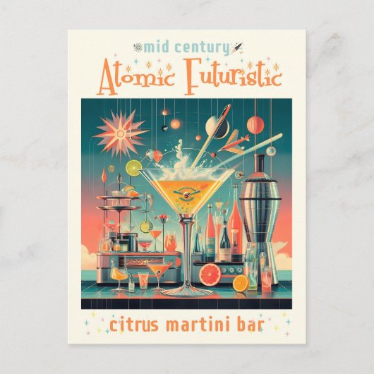 Midden eeuw Atomic Futuristic Citrus Martini Bar Briefkaart (Voorkant)