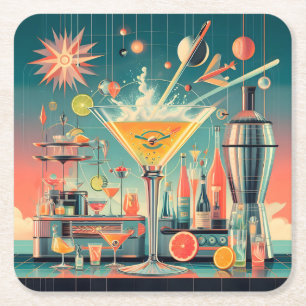 Midden eeuw Atomic Futuristic Citrus Martini Bar Vierkante Kartonnen Onderzetter