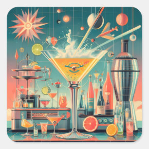 Midden eeuw Atomic Futuristic Citrus Martini Bar Vierkante Sticker