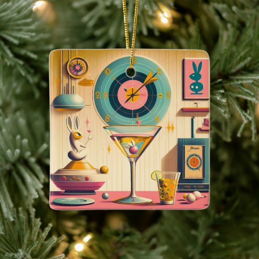 Midden eeuw Atomic Futuristic Rabbit Martini Keramisch Ornament (Boom)