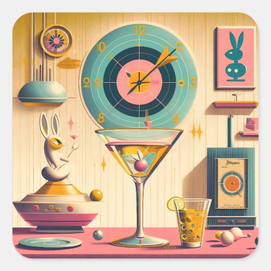 Midden eeuw Atomic Futuristic Rabbit Martini Vierkante Sticker (Voorkant)
