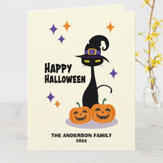 Midden-eeuw Atomic Halloween Cat Kaart (Gele Bloem)