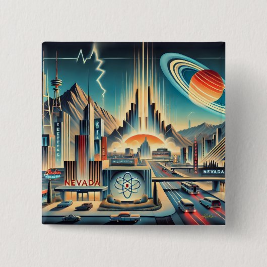 Midden eeuw Atomic Space Age Nevada Art Vierkante Button 5,1 Cm (Voorkant)