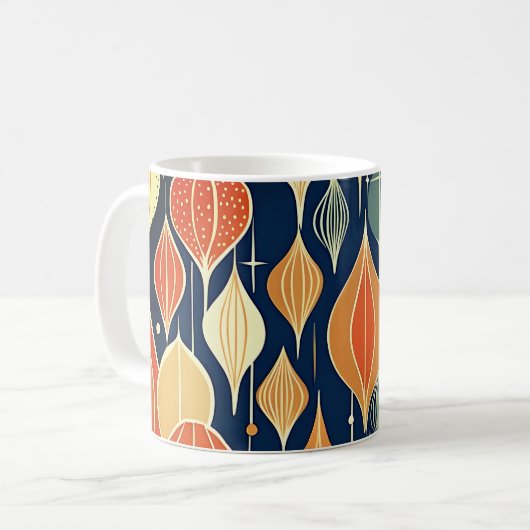Midden eeuw atoomdruppels oker moderne retro koffiemok (Voorkant links)