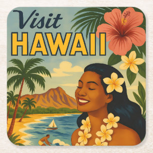 Midden eeuw bezoek Hawaii toerisme kunst Vierkante Kartonnen Onderzetter