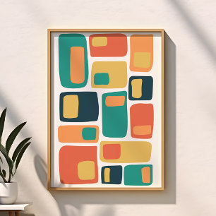 Midden eeuw funky geometrische vormen oranje, turk poster