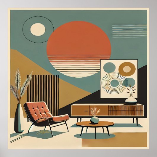 Midden eeuw interieurontwerp Sunrise Woonkamer Poster (Voorkant)